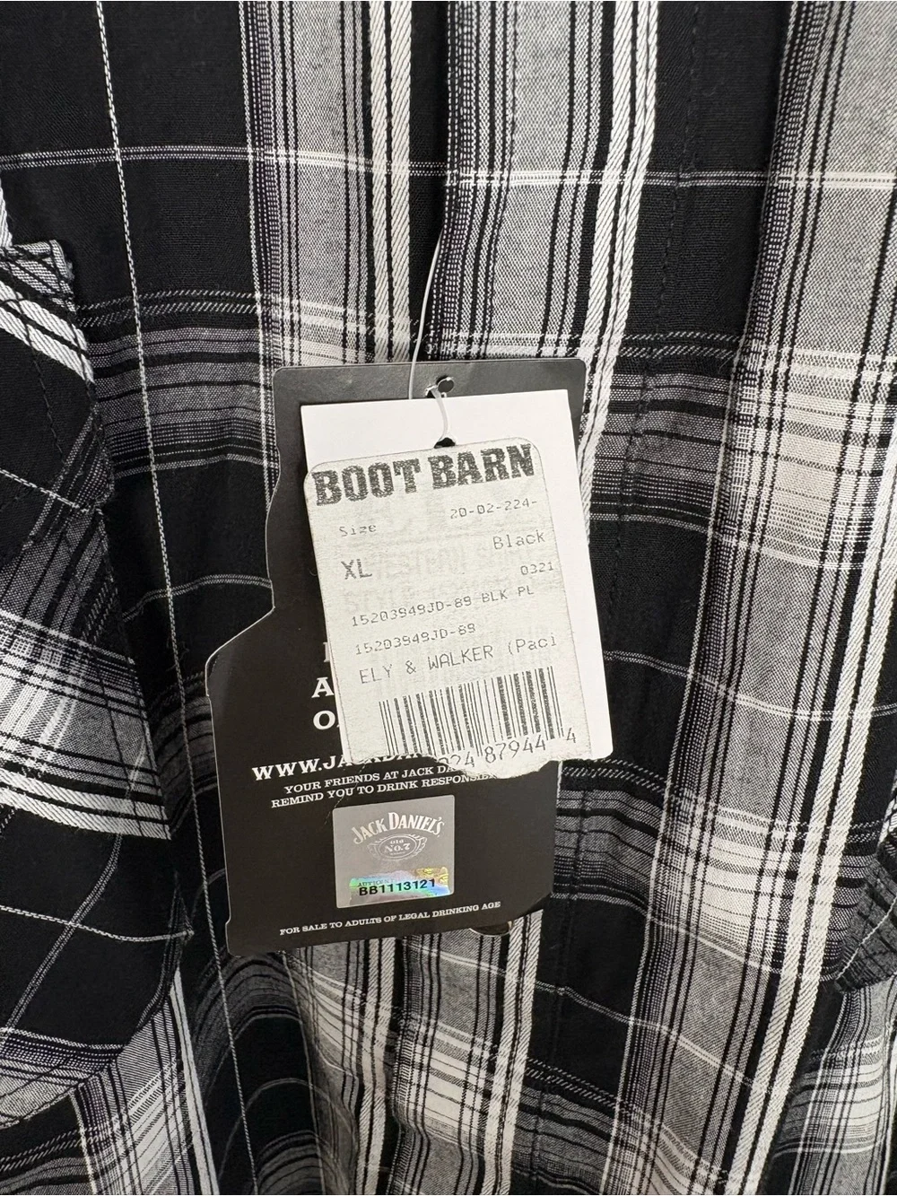 BOOT BARN BARELY WALKER JACK DANIEL'S PLAID PRINT LONG SLEEVE SNAP WESTERN SHIRT